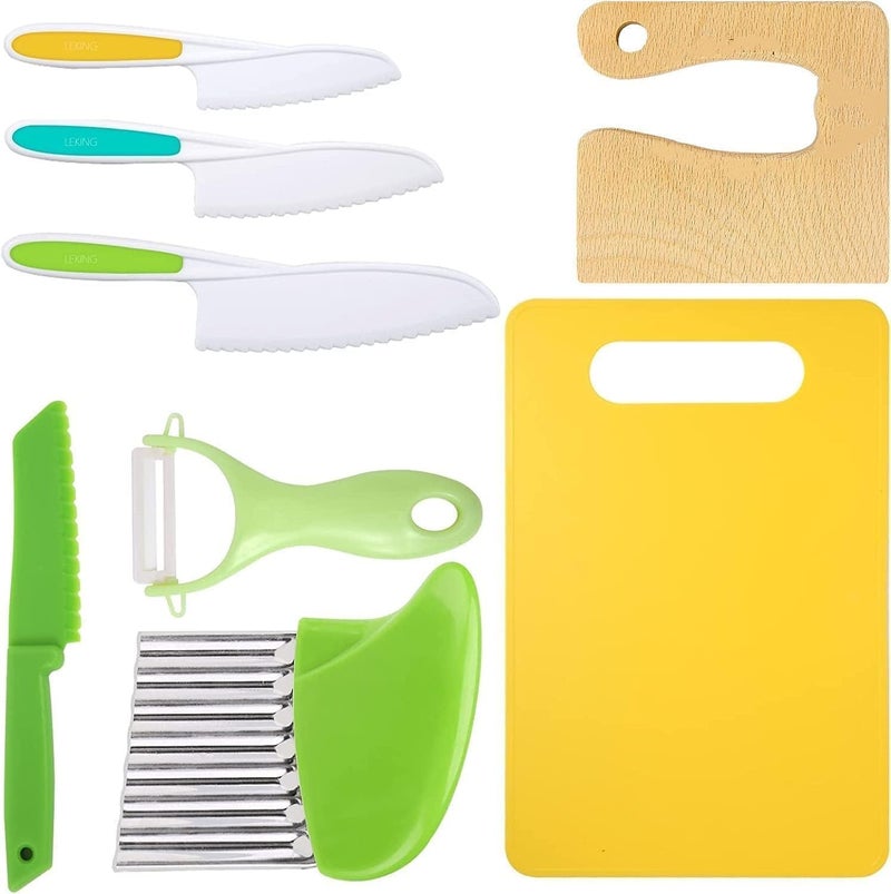 LeKing 8 Pcs Wooden Kitchen Knife Set for Kids - Includes Safe Knives, Serrated Plastic Knives, Potato Slicers, Sandwich Cutter, Peeler and Cutting Board - Image 1